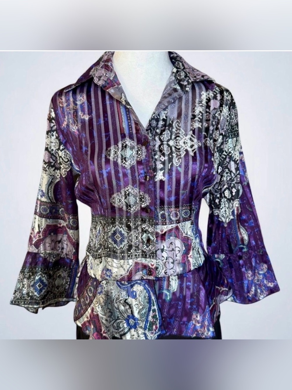 Belissimo New York Patchwork Purple Silver Statement Blouse - Petite Small